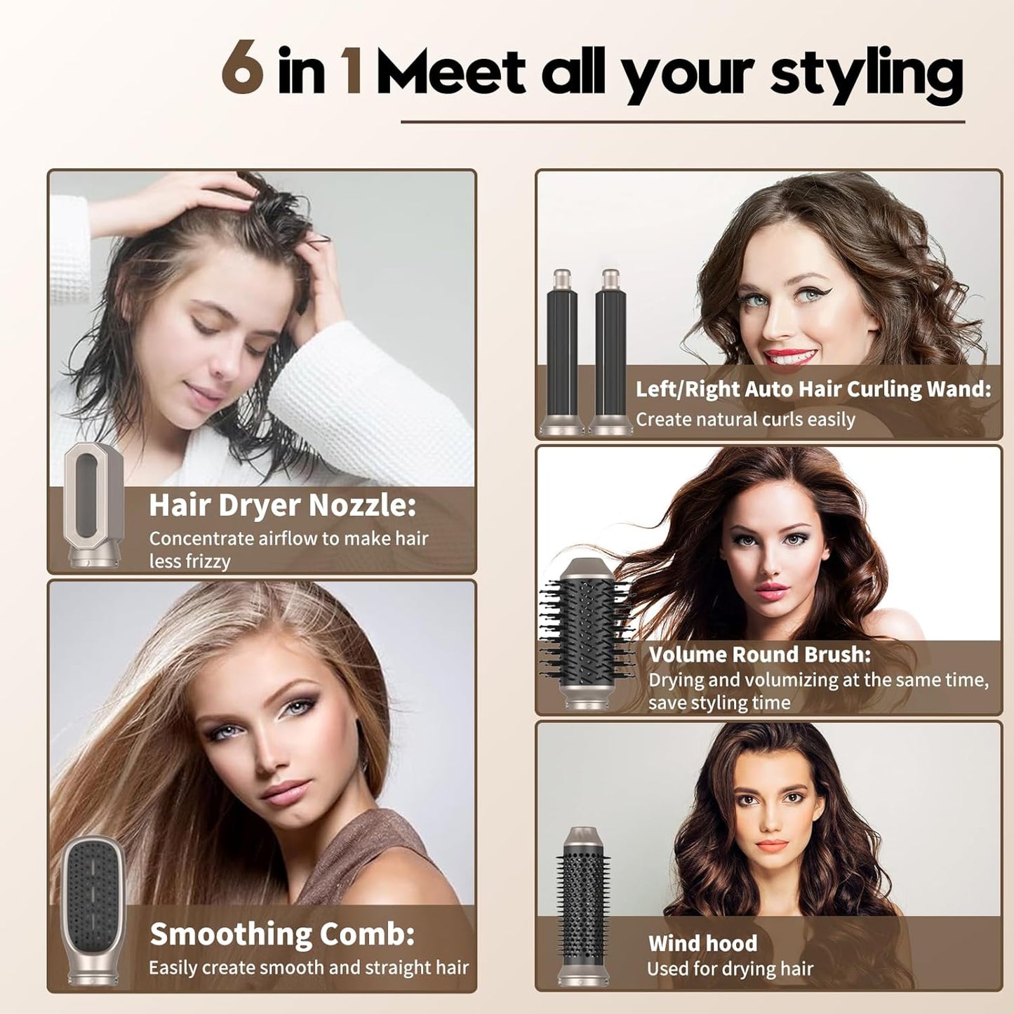 Cepillo De Aire Caliente 6 En 1, 1400W Cepillo De Aire Caliente Multifunción, Moldeador Pelo with Riza 3 Temperaturas, Tecnología Ion, Cepillo Alisador Para Da Volumen, Alisa Y Seca
