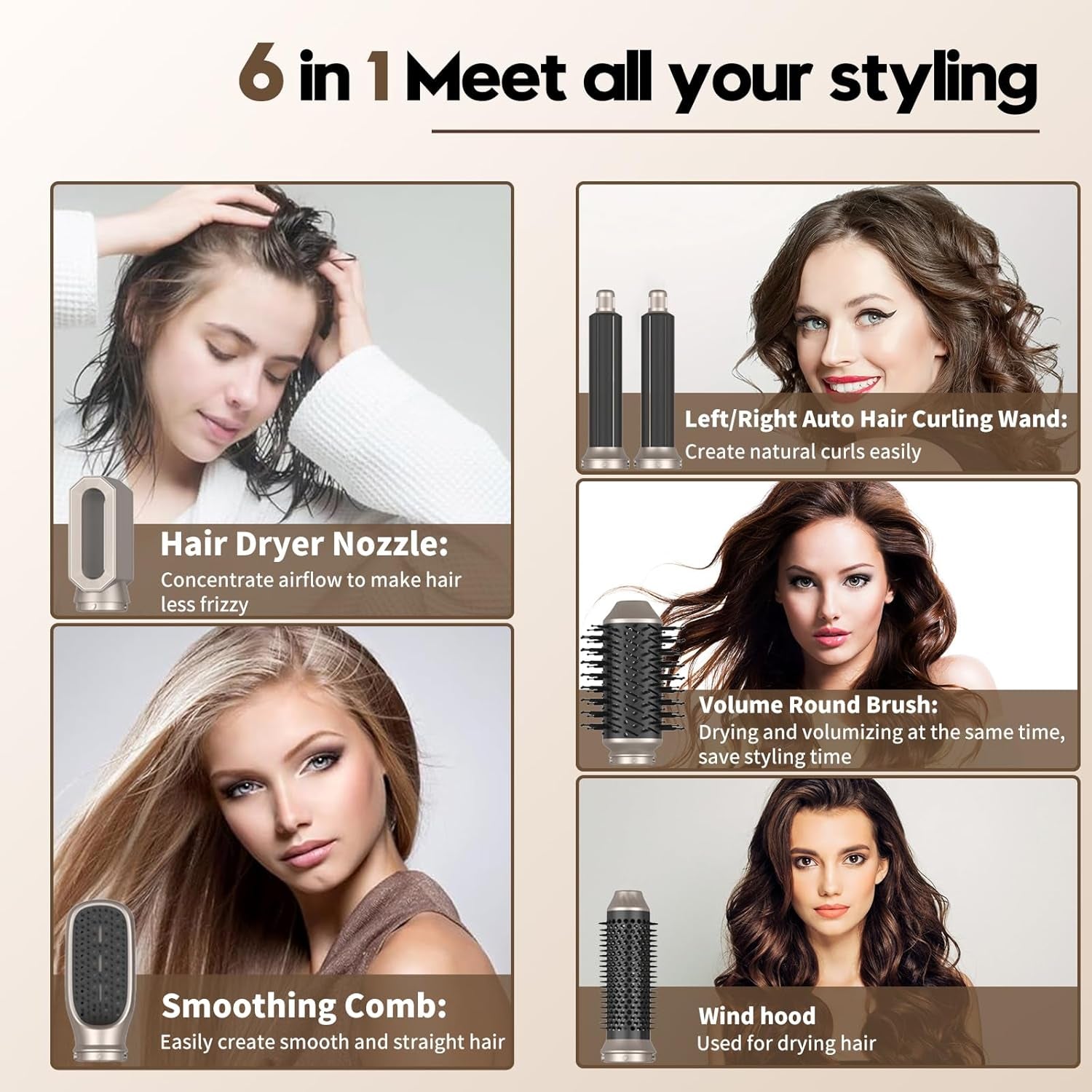 Cepillo De Aire Caliente 6 En 1, 1400W Cepillo De Aire Caliente Multifunción, Moldeador Pelo with Riza 3 Temperaturas, Tecnología Ion, Cepillo Alisador Para Da Volumen, Alisa Y Seca