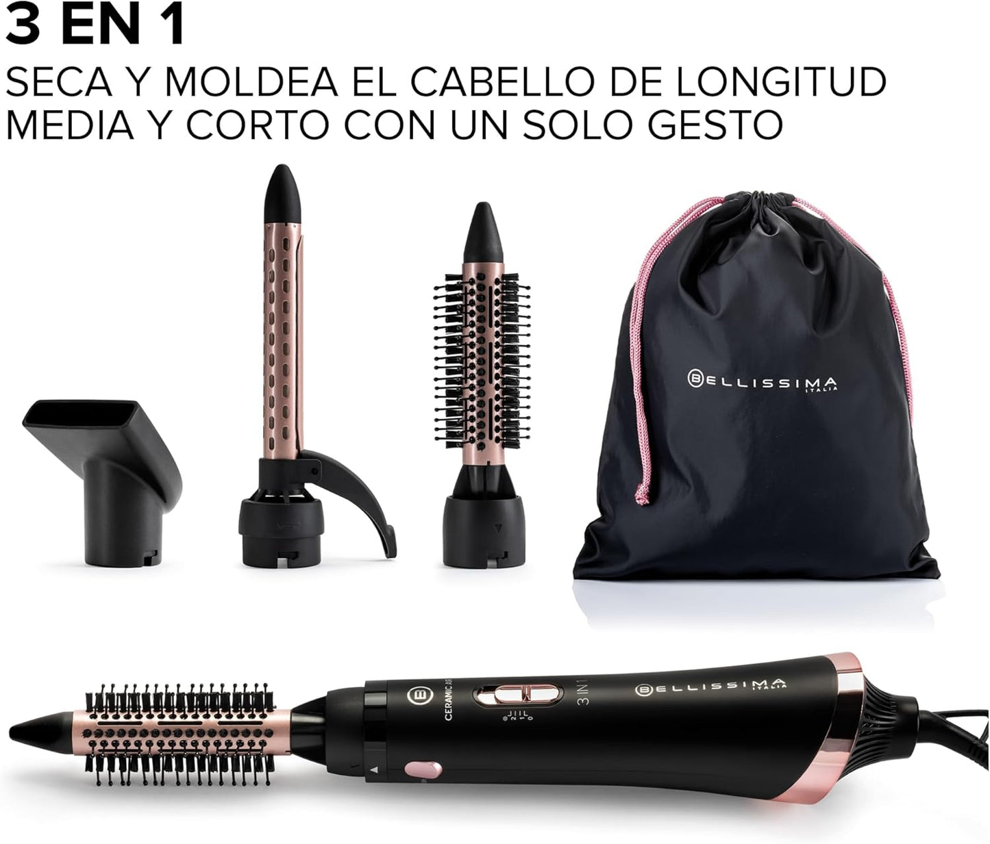 Bellissima Ceramic Air - Moldeador De Aire Caliente 3 En 1, Para Cabello Corto Y Medio, 800 W, Moldeado Y Secado, Revestimiento Cerámico, 2 Combinaciones De Aire/Temperatura, Chorro De Aire Frío