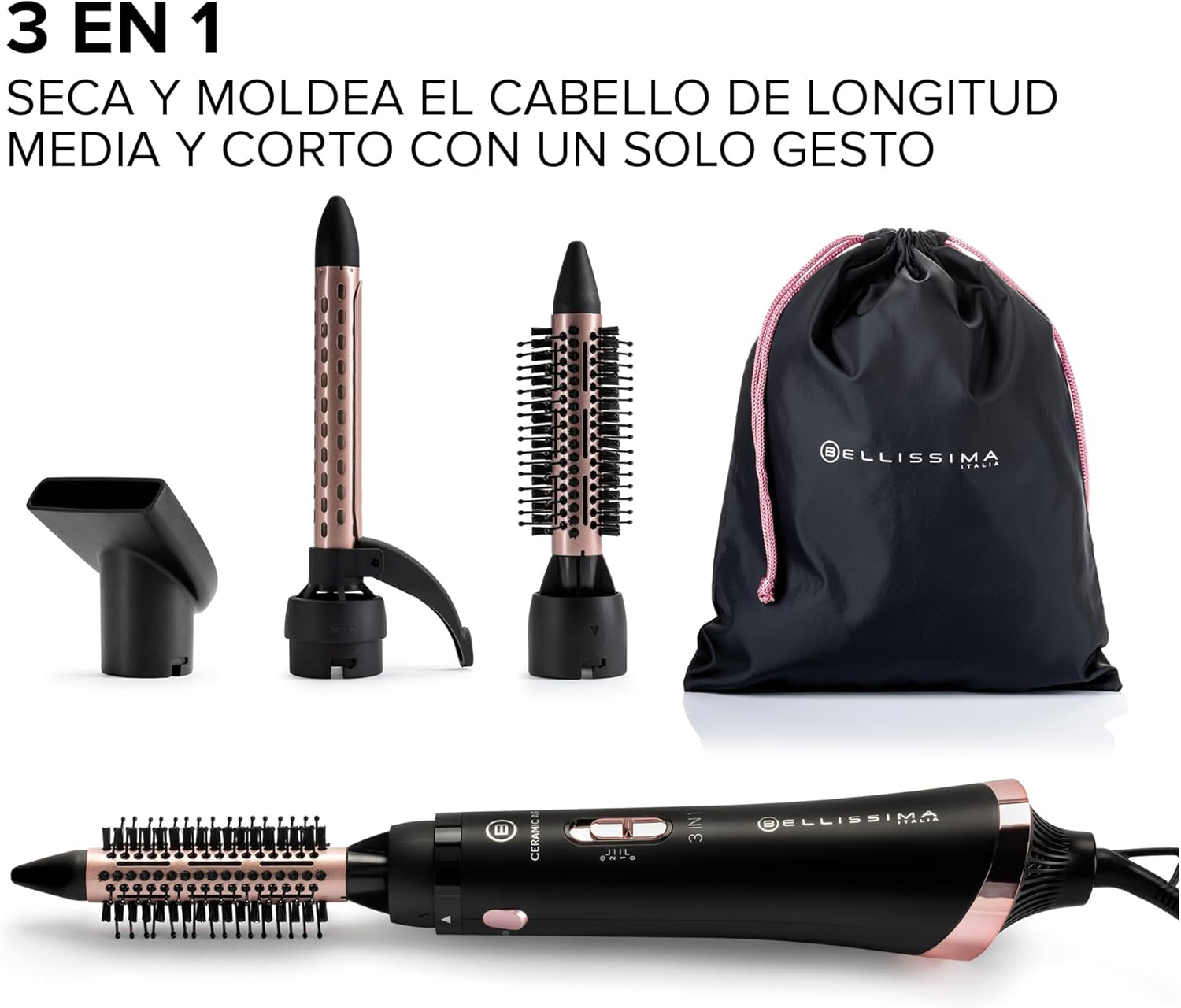 Bellissima Ceramic Air - Moldeador De Aire Caliente 3 En 1, Para Cabello Corto Y Medio, 800 W, Moldeado Y Secado, Revestimiento Cerámico, 2 Combinaciones De Aire/Temperatura, Chorro De Aire Frío
