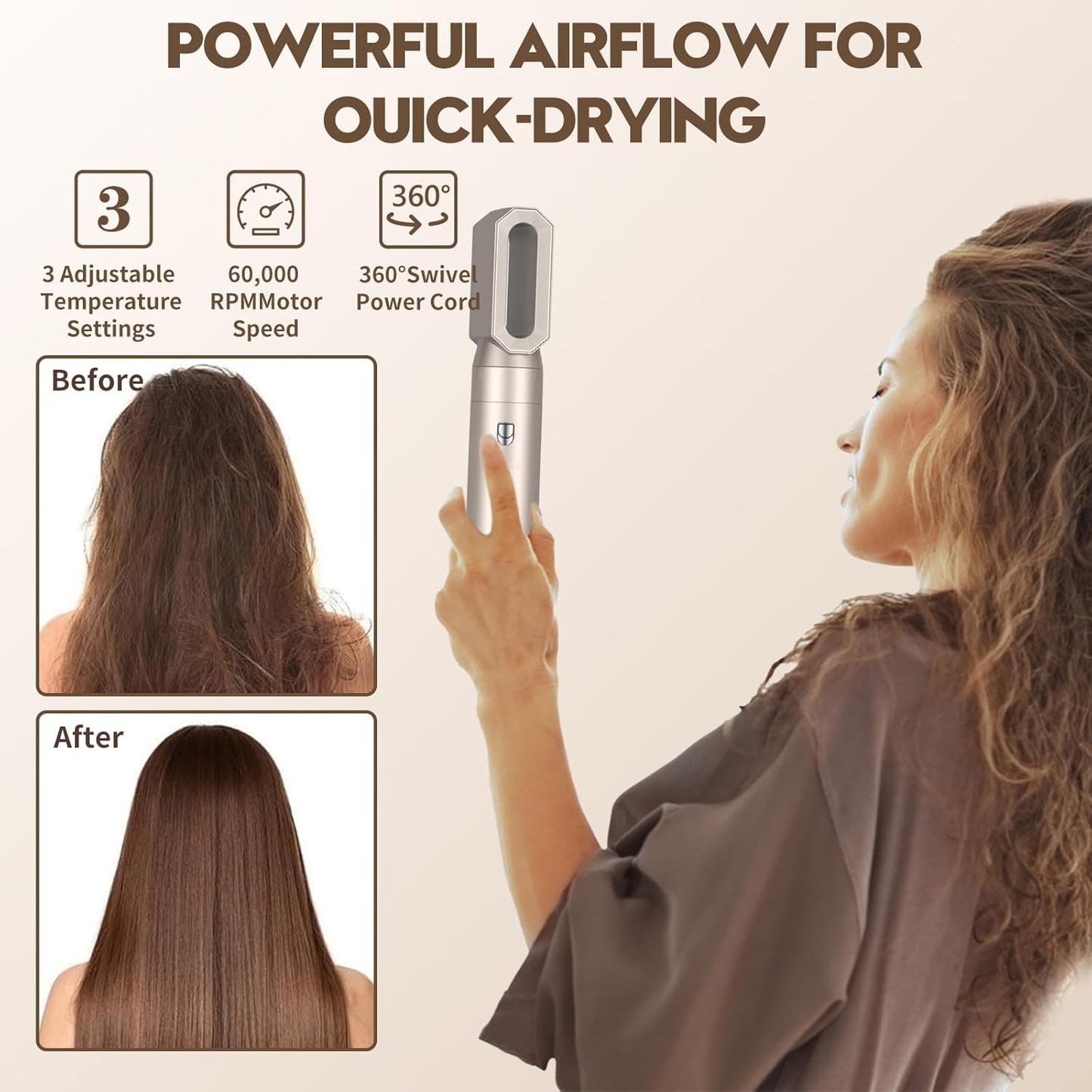 Cepillo De Aire Caliente 6 En 1, 1400W Cepillo De Aire Caliente Multifunción, Moldeador Pelo with Riza 3 Temperaturas, Tecnología Ion, Cepillo Alisador Para Da Volumen, Alisa Y Seca