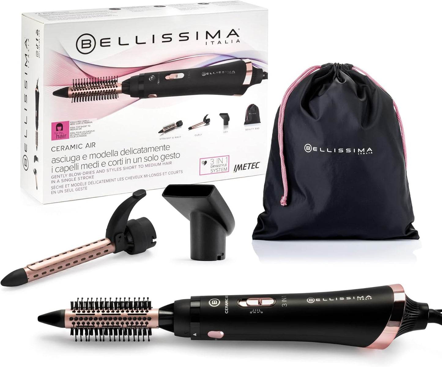 Bellissima Ceramic Air - Moldeador De Aire Caliente 3 En 1, Para Cabello Corto Y Medio, 800 W, Moldeado Y Secado, Revestimiento Cerámico, 2 Combinaciones De Aire/Temperatura, Chorro De Aire Frío