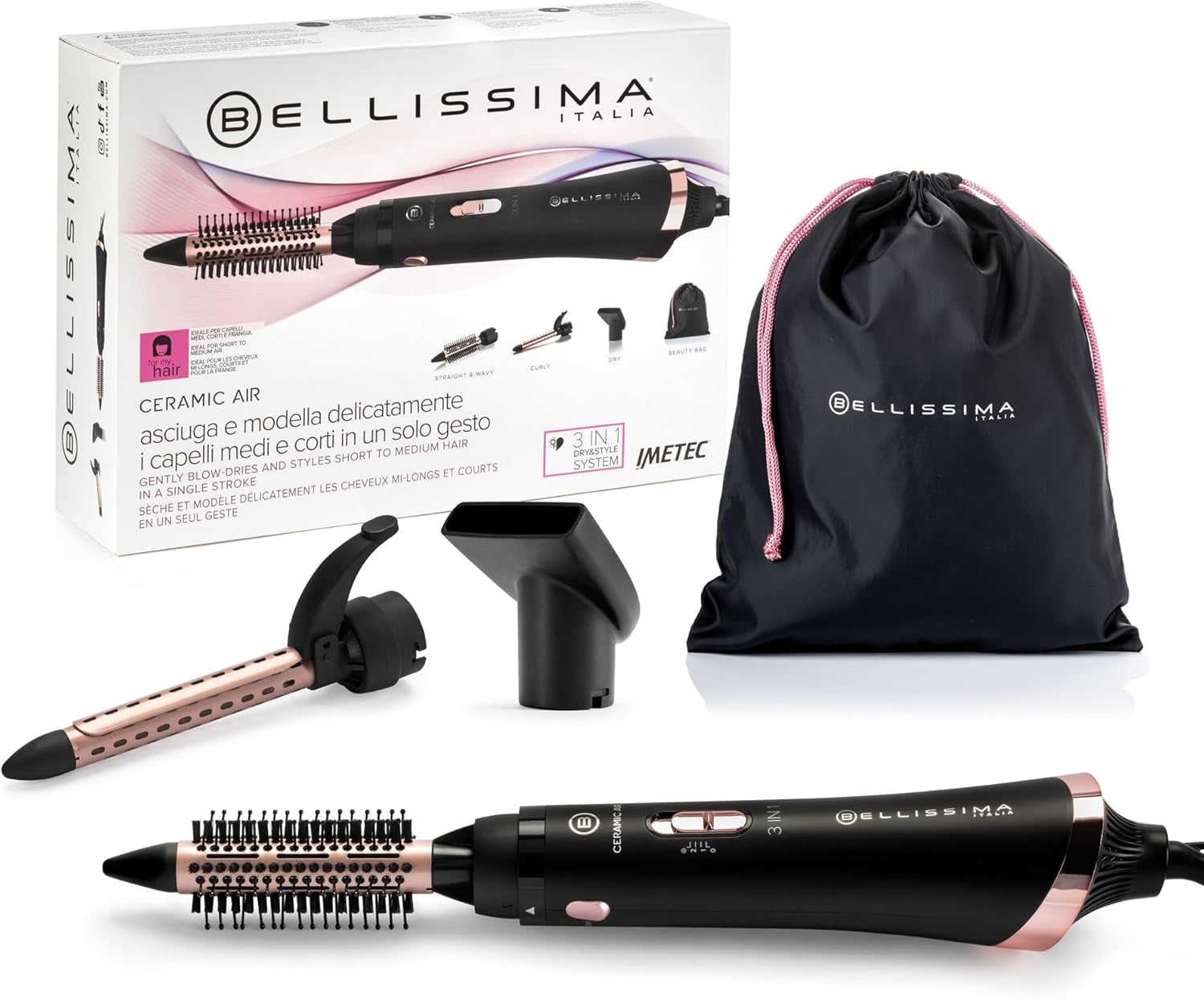 Bellissima Ceramic Air - Moldeador De Aire Caliente 3 En 1, Para Cabello Corto Y Medio, 800 W, Moldeado Y Secado, Revestimiento Cerámico, 2 Combinaciones De Aire/Temperatura, Chorro De Aire Frío