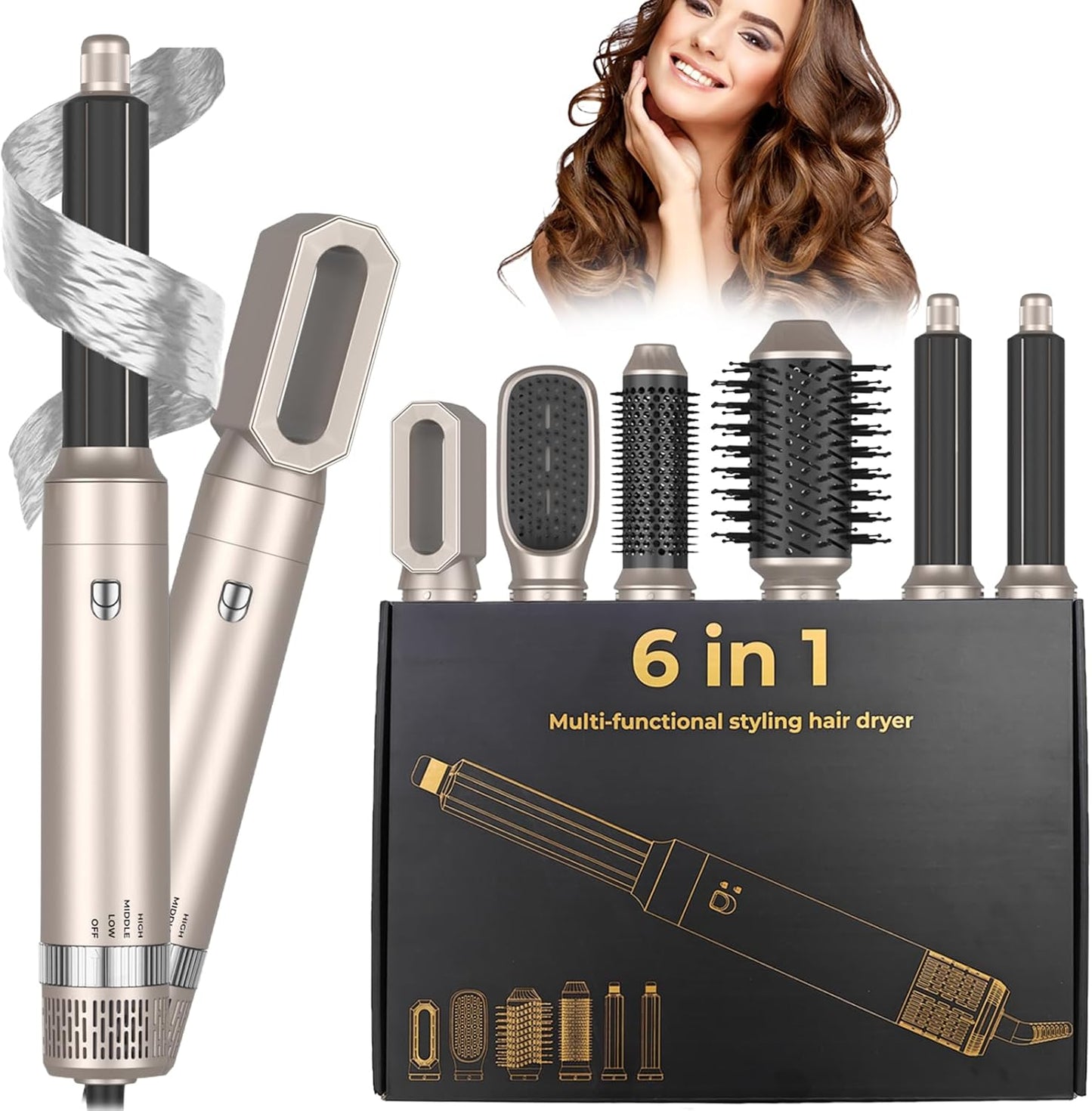 Cepillo De Aire Caliente 6 En 1, 1400W Cepillo De Aire Caliente Multifunción, Moldeador Pelo with Riza 3 Temperaturas, Tecnología Ion, Cepillo Alisador Para Da Volumen, Alisa Y Seca